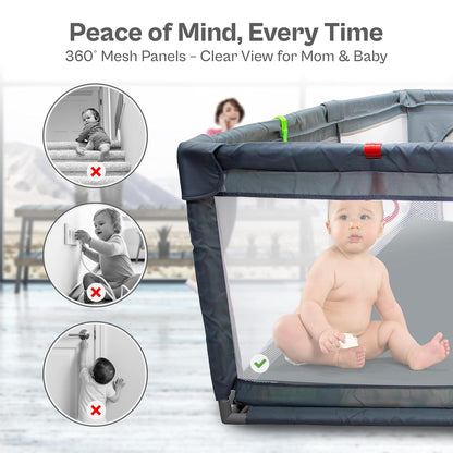 Baby Playpen 71x59 Inch Large Playpen for Babies and Toddlers Baby Playard with Zipper Gates Safety Fence Play Pen Play Yard with Soft Breathable Mesh Indoor & Outdoor Kids Activity Center Dark Gray