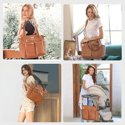 miss fong Diaper Bag Tote Leather Diaper Bag Backpack Pañaleras Para Bebe with 11 Pockets,Leather Diaper Tote with Diaper Changing Pad, Baby Bag for Moms Mommy Bag for Women