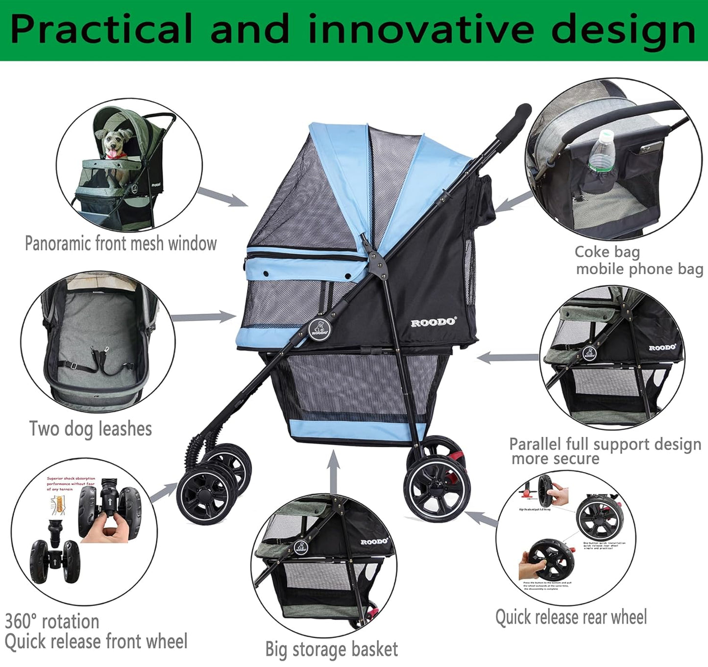 ROODO 4 Wheel Dog Cat Pet Stroller Best Lightweight Foldable Compact Portable Jogger All Terrain Travel Pet Gear Puppy Doggie Bunny Kitty Stroller for up to 30lbs Medium Small Dogs Cats(Light Khaki)