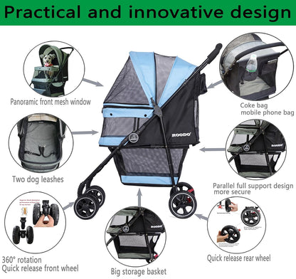 ROODO 4 Wheel Dog Cat Pet Stroller Best Lightweight Foldable Compact Portable Jogger All Terrain Travel Pet Gear Puppy Doggie Bunny Kitty Stroller for up to 30lbs Medium Small Dogs Cats(Light Khaki)