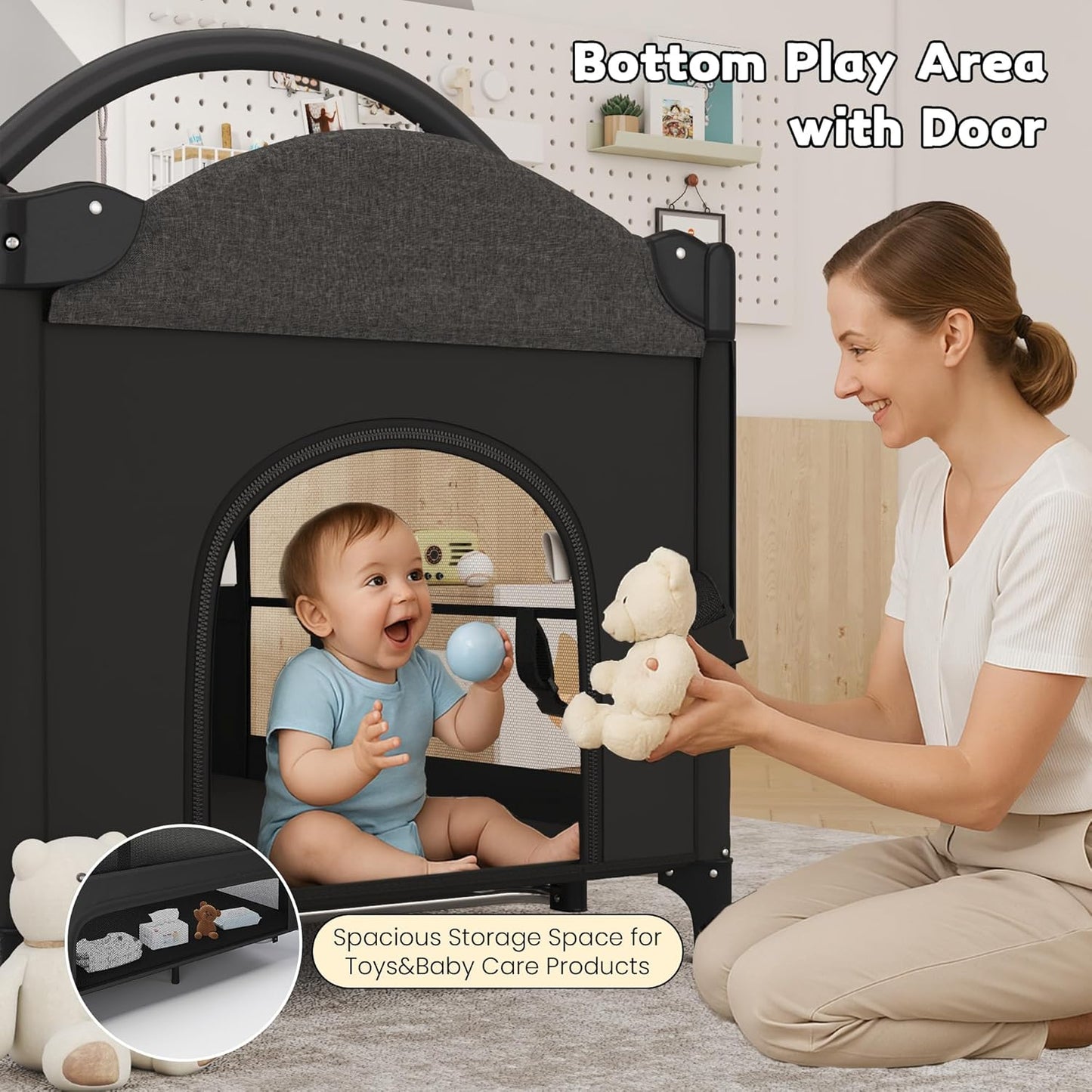 5-in-1 Baby Bassinet Bedside Sleeper with Swing Tube Converts to Cradle, Baby Crib with Mattress, Detachable Diaper Changer, Mosquito Net and Toy - Black