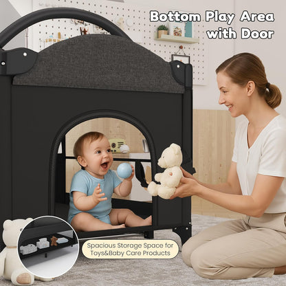 5-in-1 Baby Bassinet Bedside Sleeper with Swing Tube Converts to Cradle, Baby Crib with Mattress, Detachable Diaper Changer, Mosquito Net and Toy - Black