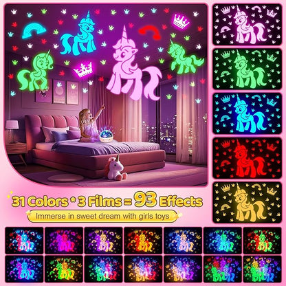 Staryou Unicorn Toys for Girls Age 4-6, [93 Modes+Remote] Toys for 3 Year Old Girl, 3 Timer+3 Brightness Unicorn Gifts for Girls 4-6, 360° Rotate Night Light Projector, 6 Year Old Birthday Gifts