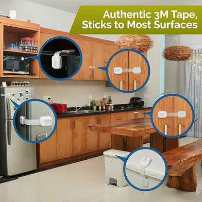 Child Safety Strap Locks (12 Pack) Baby Locks for Cabinets and Drawers, Toilet, Fridge & More. 3M Adhesive Pads. Easy Installation, No Drilling Required, White/Gray