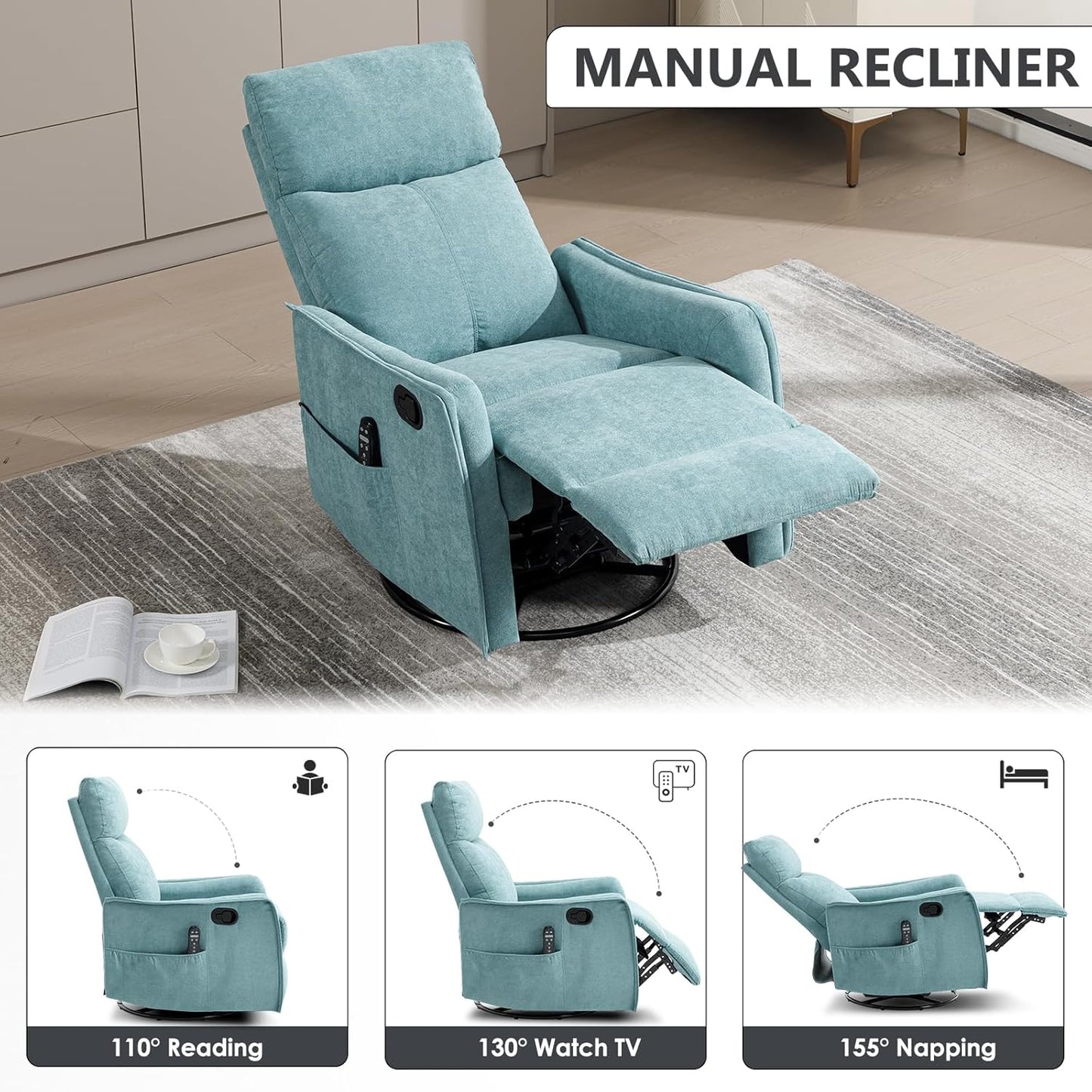 Trustyue Swivel Rocker Recliner Chair, 360° Swivel Recliner with Heat and Massage, Rocker Recliner Nursery Glider Chair with Side Pockets for Living Room (Beige, Fabric)