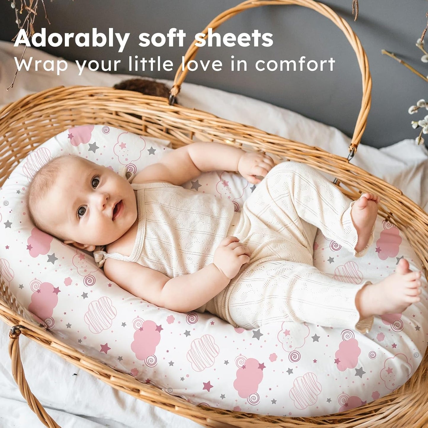 Baby Bedside Bassinet Sheets Girl, 33”x20” Compatible with Baby Delight Dream On Me & Most Rectangle Bedside Sleeper Bassinet Mattress, Super Soft Microfiber Pink Butterfly Flower