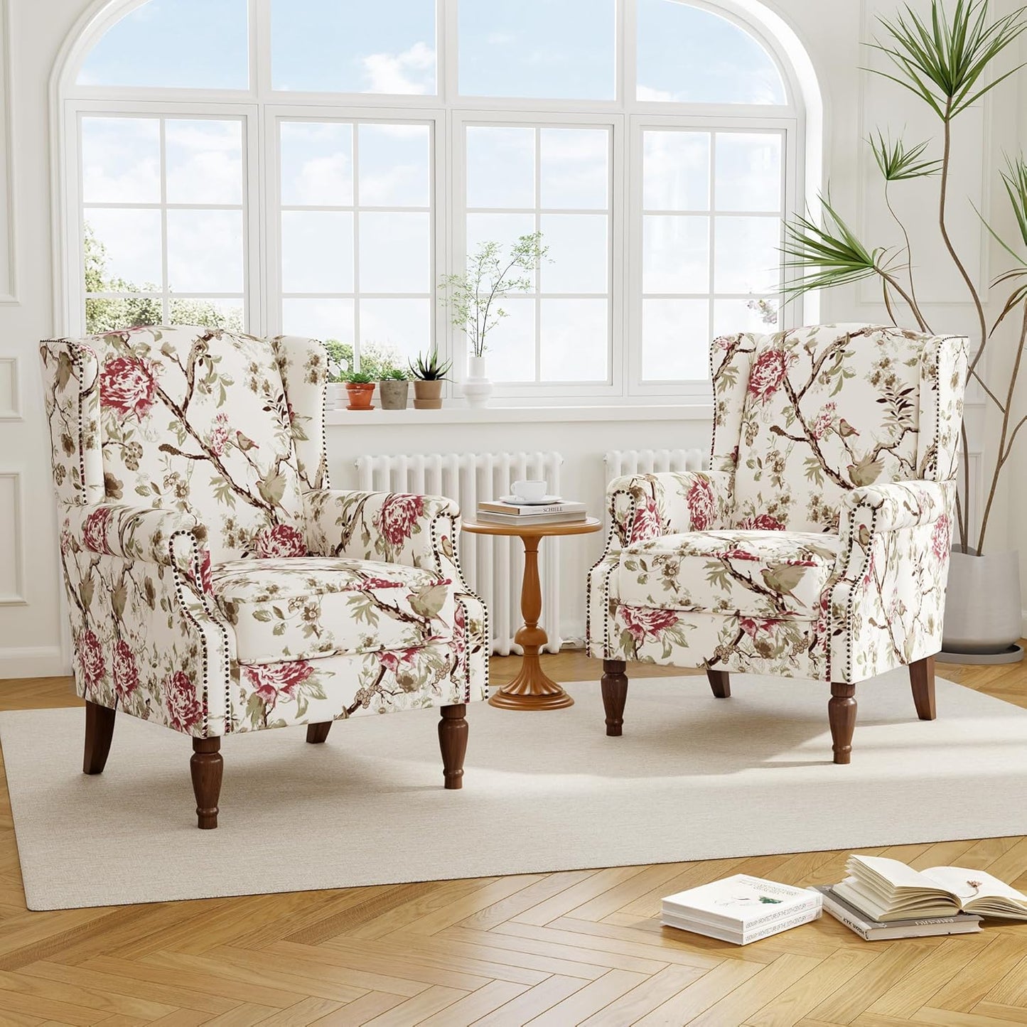 Swivel Rocker Recliner Chair, Manual Nursery Glider Recliner, Floral Fabric Wingback Accent Chair with Adjustable Backrest & Footrest for Small Spaces Living Room Bedroom (Plants Floral, Set of 1)