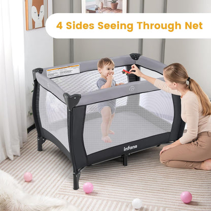 INFANS 4 in 1 Pack and Play, Portable Travel Baby Playard with Bassinet, Changing Table, Canopy, Mosquito Net, Hanging Toys, Music Box, Storage Bag, Large Playpen from Newborn to Toddlers (Pink)