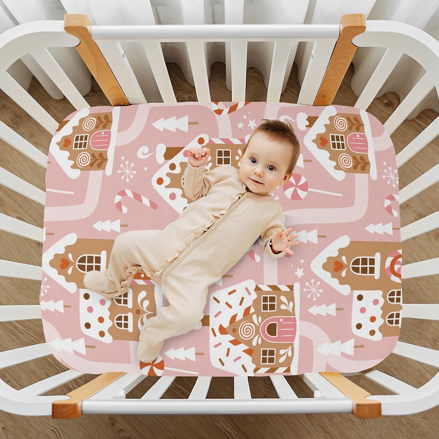 Fitted Crib Sheets Pink Checkered and Bows Stretchy Portable Playard Sheets for Baby Toddler, Breathable Soft Mini Crib Mattress 39 x 27 in for Boys and Girls