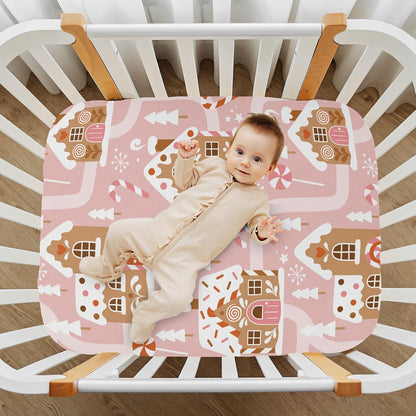Fitted Crib Sheets Pink Checkered and Bows Stretchy Portable Playard Sheets for Baby Toddler, Breathable Soft Mini Crib Mattress 39 x 27 in for Boys and Girls