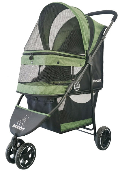 ROODO 3 Wheel Dog Pet Cat Stroller Best Lightweight Foldable Compact Portable Jogger All Terrain Travel Pet Gear Puppy Kitty Stroller for up to 30lbs Medium Small Dogs and Cats(Light Khaki)
