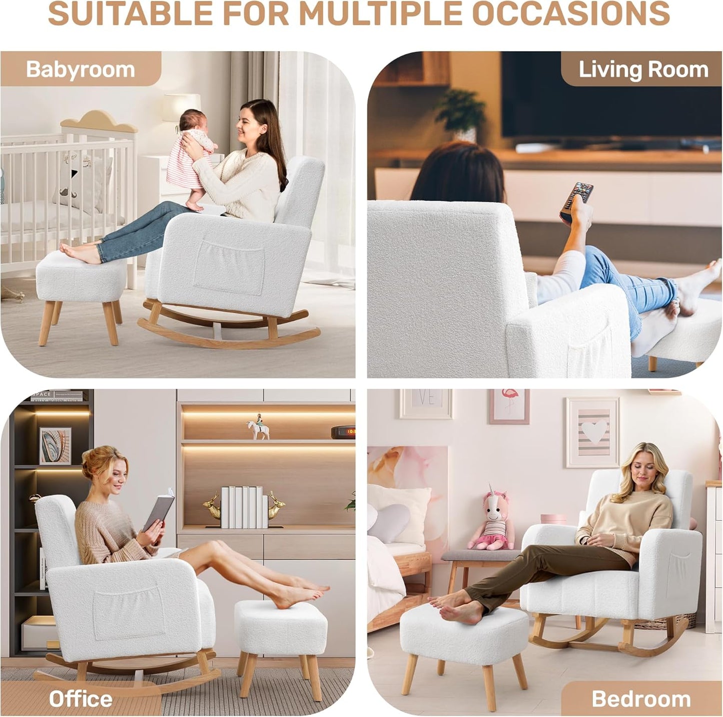 HCHAIRH Nursery Rocking Chair with Ottoman, Upholstered Glider Rocker with High Backrest Side Pocket, Rocking Accent Armchair with Solid Wood Legs for Nursery, Living Room, Bedroom, Light Grey