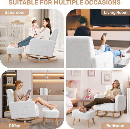 HCHAIRH Nursery Rocking Chair with Ottoman, Upholstered Glider Rocker with High Backrest Side Pocket, Rocking Accent Armchair with Solid Wood Legs for Nursery, Living Room, Bedroom, Light Grey