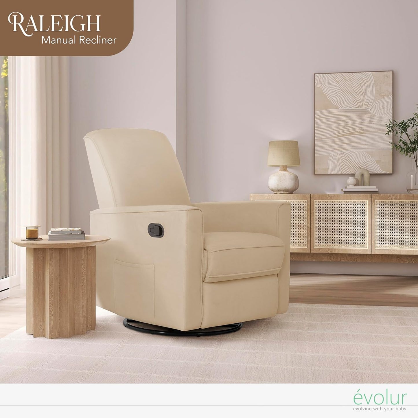 Evolur Raleigh Upholstered Manual Glider Recliner– Rocking & 360° Swivel with Smooth Glide – Greenguard Gold & FSC Certified – Modern Nursery and Living Room Chair in Light Sand