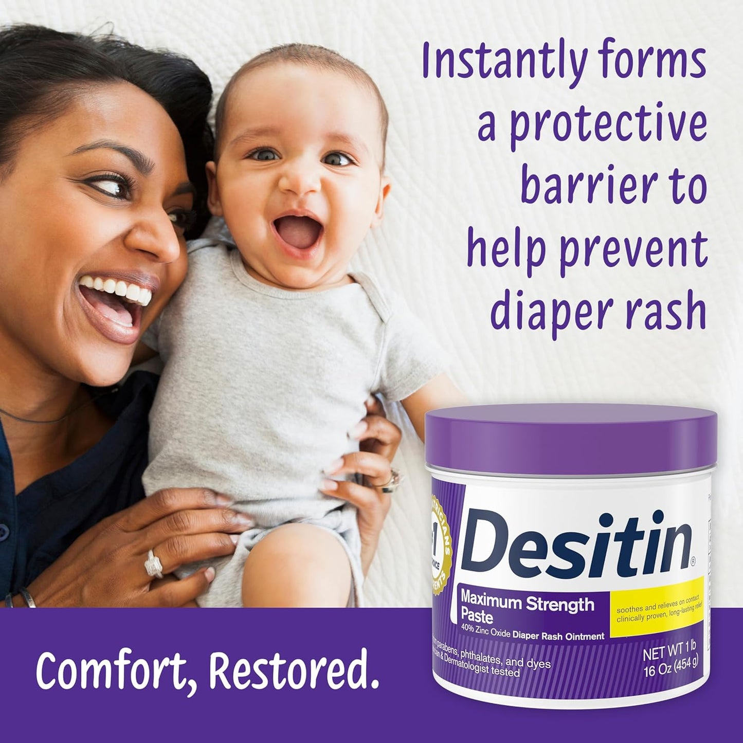 Desitin Maximum Strength Baby Diaper Rash Cream, 40% Zinc Oxide, Hypoallergenic No Added Parabens & Dyes, Protects & Relieves Baby’s Skin for Up to 12 Hours, Prevents Diaper Rash, 4.8 oz Tube