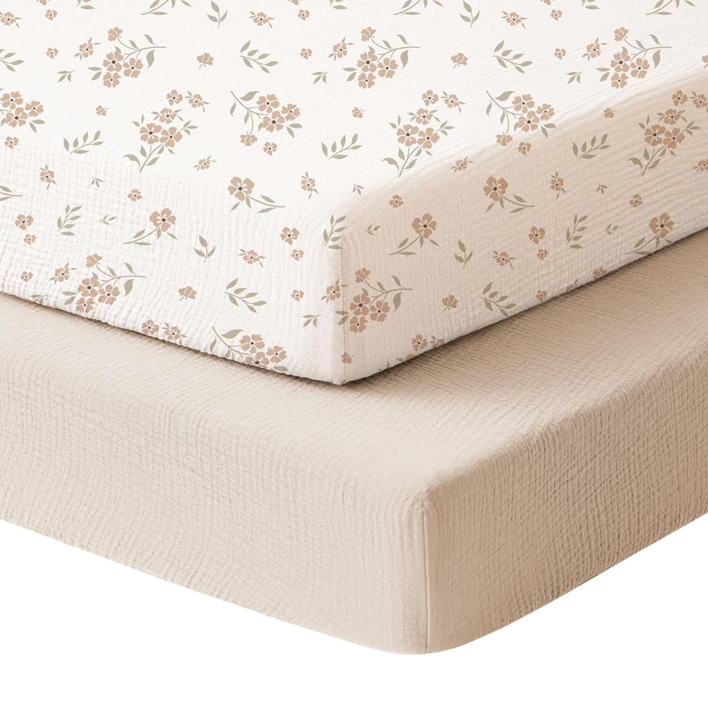 Konssy Muslin Mini Crib Sheets, 100% Soft Cotton Pack and Play Sheets for Pack N Play Mattress, Playard Baby Crib Sheets for Baby Girls (Floral, Pink)