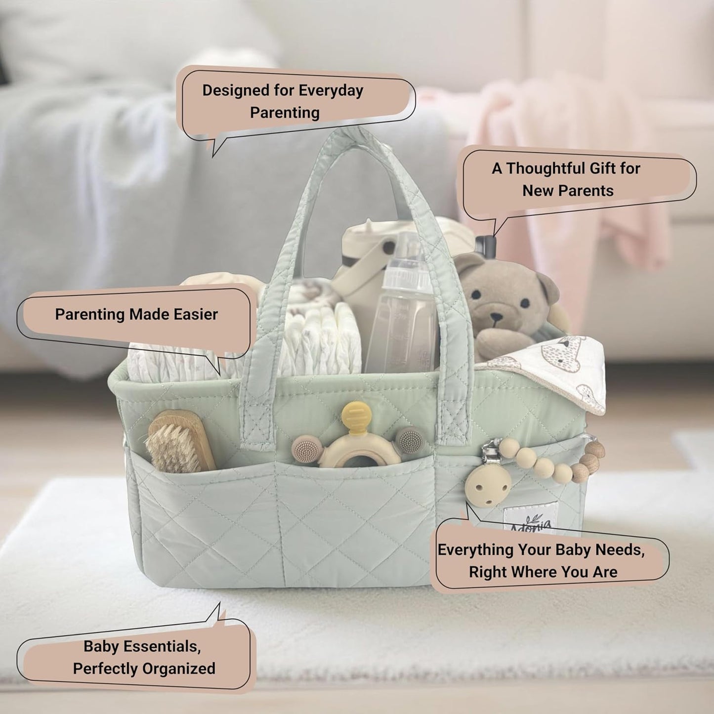 Adonia & Co Diaper Caddy Organizer – Nursery Storage Basket for Newborn Essentials Must Haves & Baby Must Haves – Portable, Machine Washable Baby Diaper Bag Organizer (Brown)