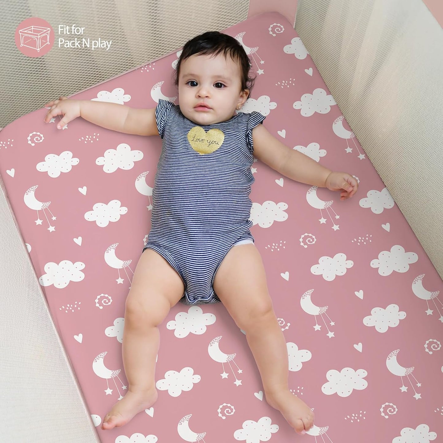 Baby Mini Crib Sheets Girl, Portable 38”x26” Pack and Play Sheets Fitted for Playard and Pack N Play Mattress, 3-Pack Soft Microfiber Pink Rainbow