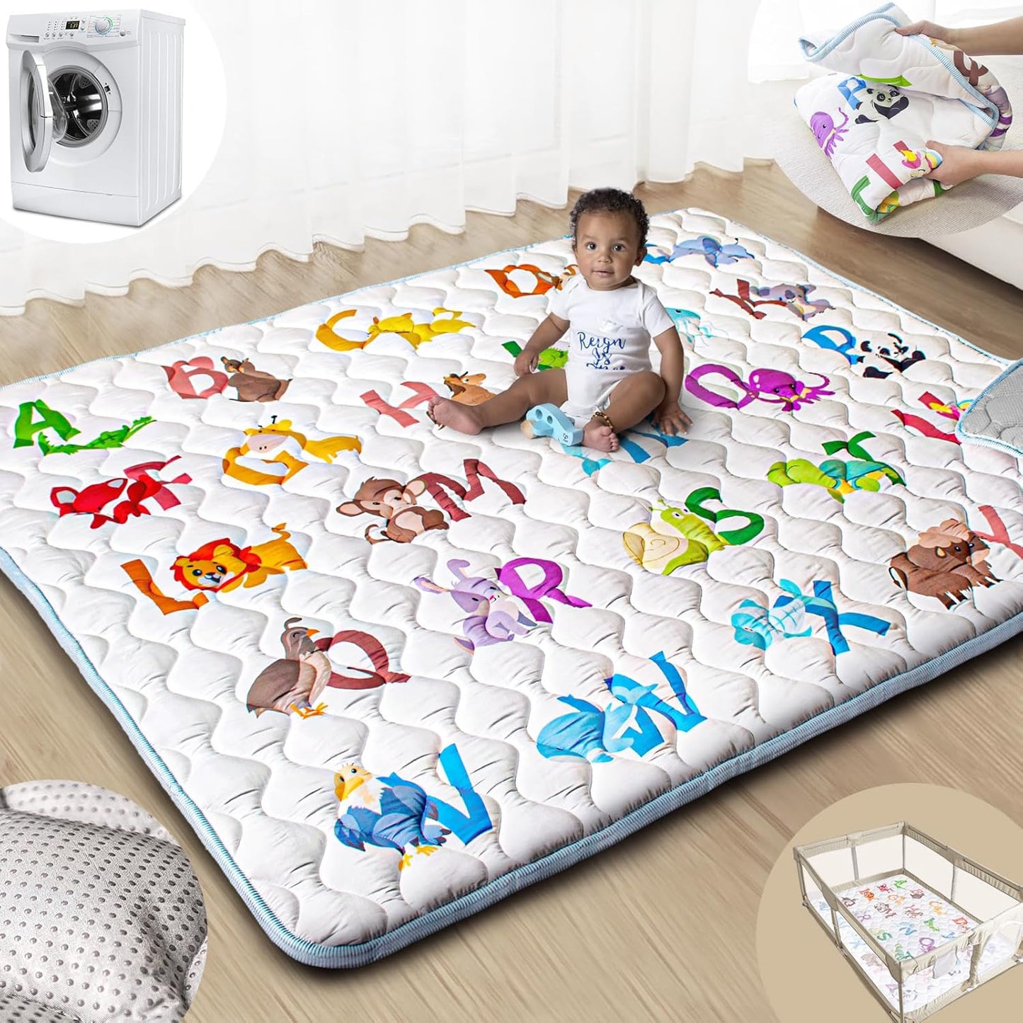 Baby Play Mat, 50x50 Playpen Mat with Super Soft Touch, Activity Mats with Upgraded Anti-Slip Bottom, Machine Washable Crawling Mats for Floor & Picnic (Animal Alphabets)