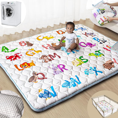 Baby Play Mat, 50x50 Playpen Mat with Super Soft Touch, Activity Mats with Upgraded Anti-Slip Bottom, Machine Washable Crawling Mats for Floor & Picnic (Animal Alphabets)