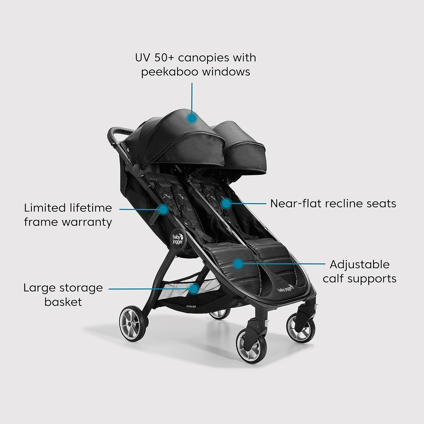 Baby Jogger City Tour 2 Carry-On Approved Travel Stroller, Ultra-Compact Baby Stroller, Lightweight, Easy Fold, Baby Travel Essential, Pitch Black
