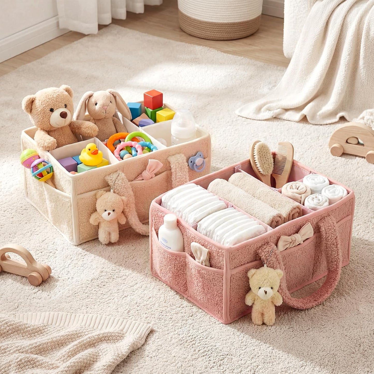 Shinylin 2 Pack Diaper Caddy Organizer Baby Caddy Organizer with Handle Nursery Storage Bin and Car Storage Basket for Diapers, Wipes, Newborn Necessities Baby Shower Gifts(Lily Green and Ivory)