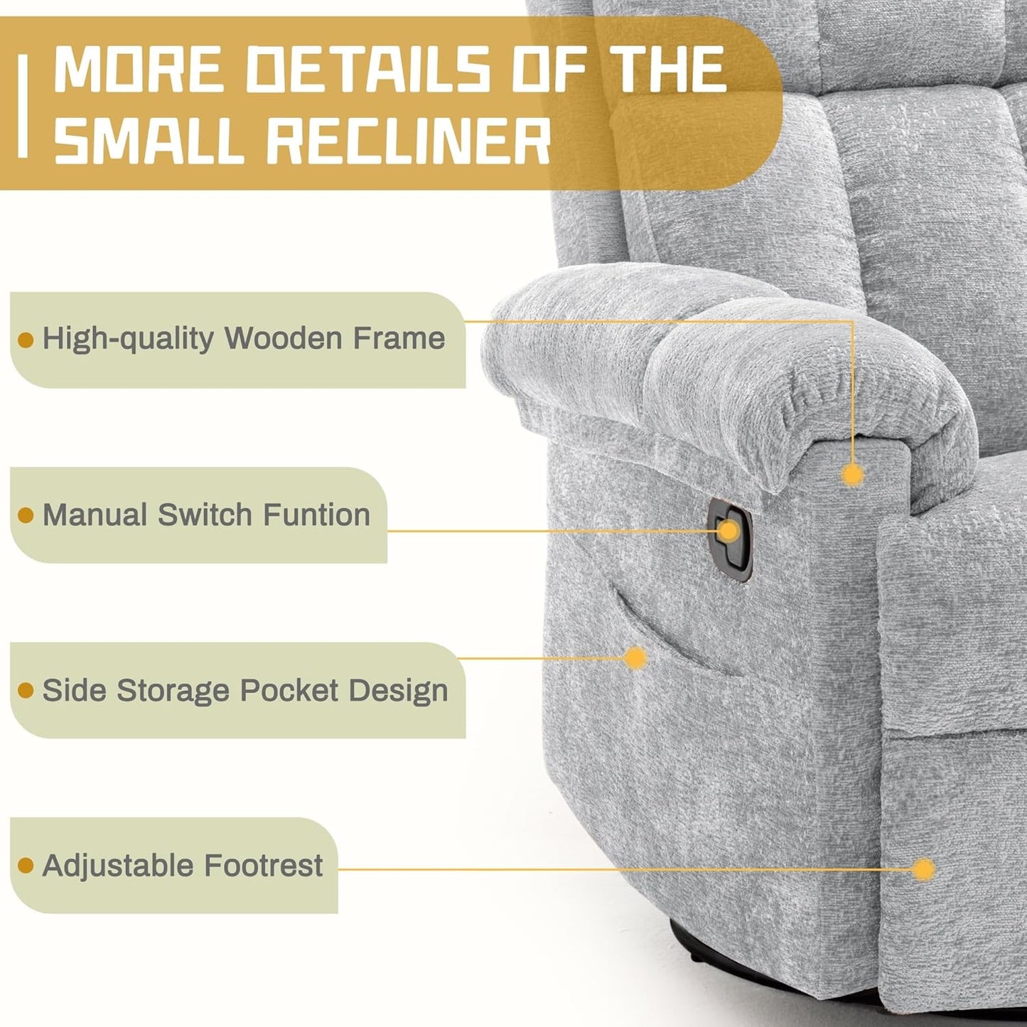 Korser Recliner Chair, Swivel Rocker Recliner Chair for Adults, Small Recliners for Small Spaces, Upholstered Manual Recliner with Side Pockets, Nursery Rocking Chair for Living Room, Chenille, Beige