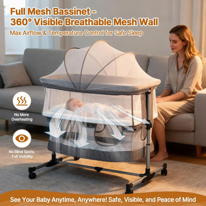 Bassinet Bedside Sleeper, 3-in-1 Baby Bedside Bassinet, 5 Height Adjustable Rocking Baby Crib, Breathable Full Mesh, Mosquito Net, Storage Basket, Stable and Secure Bassinets for Newborn Infant