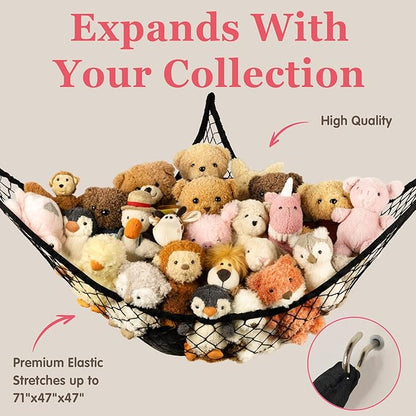 Stuffed Animal Storage Hammock Net Corner - Large Toy Hammock Net for Stuffed Animals Room Decor - Cute Stuff Animal Organizer Holder for Plush Plushie - Kids Baby Nursery Wall Bedroom Home Decor