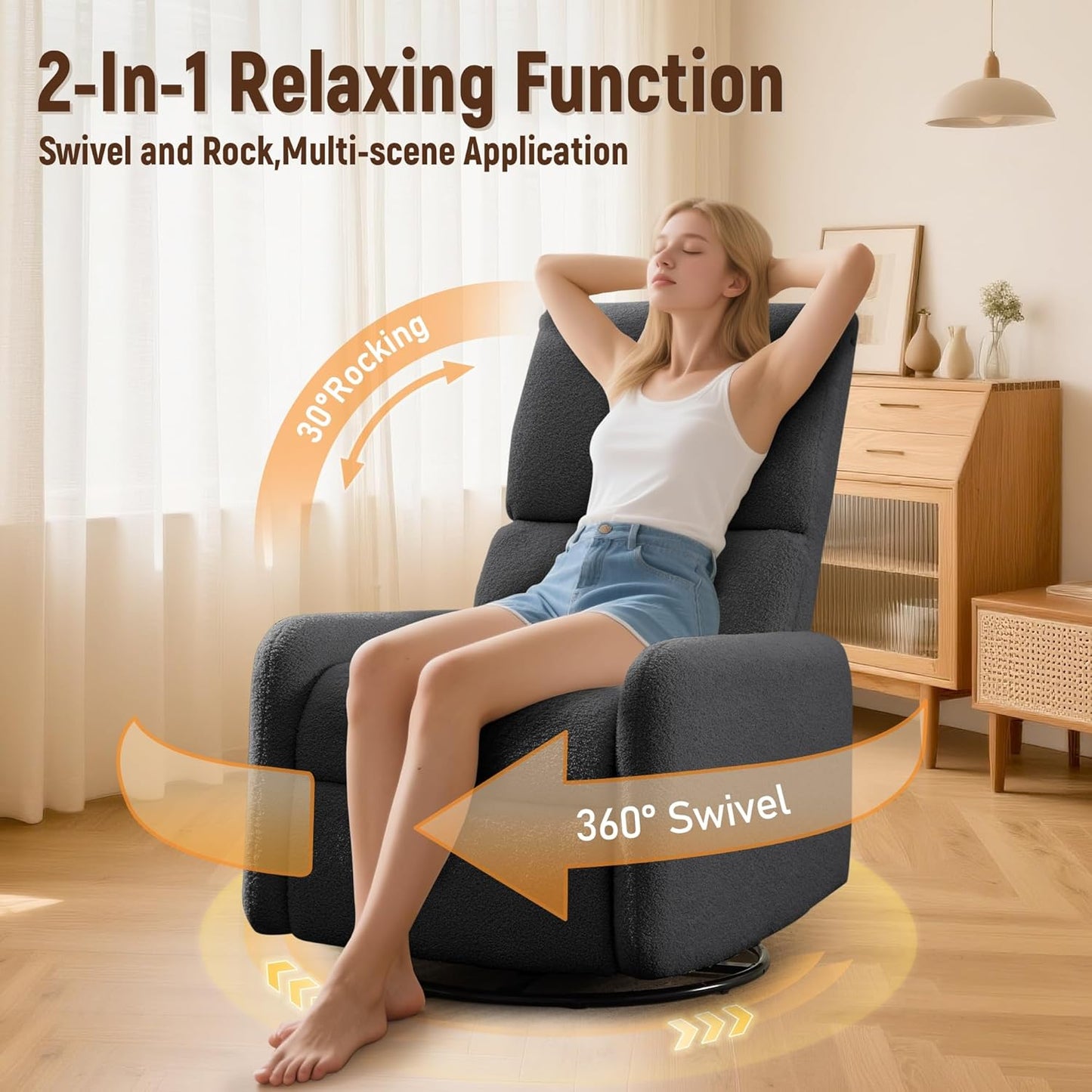 Korser 360° Rocking Chair, Nursery Rocker Chair with Side Pockets, Glider Nursing Chair with Steel Structure Base, Small Chair for Small Spaces, Sherpa Swivel Accent Chairs for Living Room, Nursing