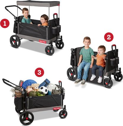 Radio Flyer City Luxe Stroll 'N Wagon, for Ages 1+, 3-in-1 Push or Pull, with Bench Mode, Easy Fold, UV Canopy, 5-Point Harnesses, Front Caster Wheels & 12" Rear Wheels, Stroller Wagon for Kids