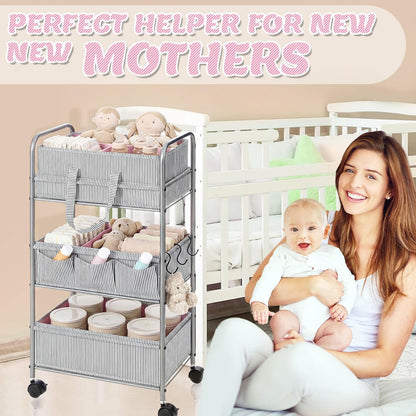 WILLBOND 2in1 Baby Diaper Caddy Organizer Cart, 3 Tier Large Capacity Metal Utility Bedside Rolling Cart with Divider for Newborn Registry Nursery Essential Must Have Gift Baby Shower Bedroom(Pink)