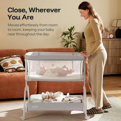 HARPPA Cuddly Lite Bassinet, 2 in 1 Baby Bassinet with Breathable Mesh and Mattress, 6 Height Adjustable, Bedside Sleeper with Anchor Strap, Storage Basket and Wheels, Light Grey