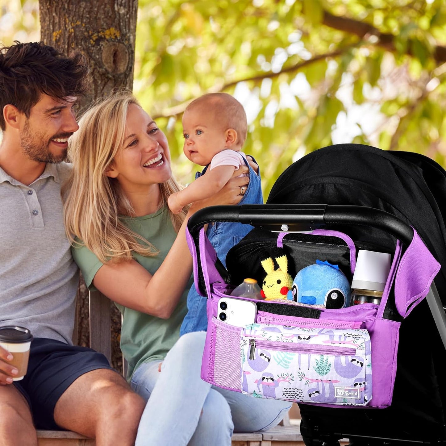 Universal Stroller Organizer with Insulated Cup Holders and Detachable Phone Bag,Stroller Caddy Fits for Stroller Accessories like Uppababy, Baby Jogger, Doona, Nuna Stroller (Green Square grid)