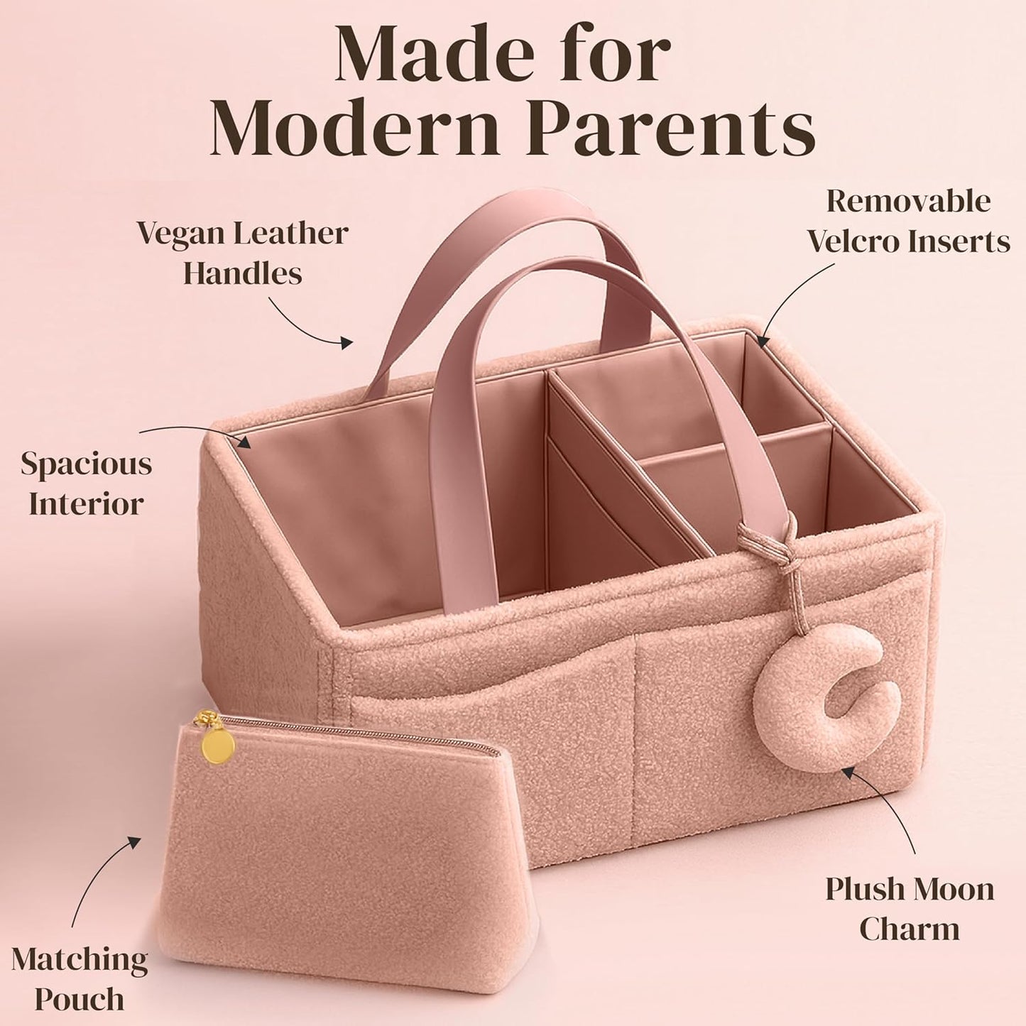 Orelle Bouclé Diaper Caddy Organizer with Matching Pouch & Moon Pendant | Teddy Portable Changing Table Organizer | Must-Have Baby Shower Gifts | Cream