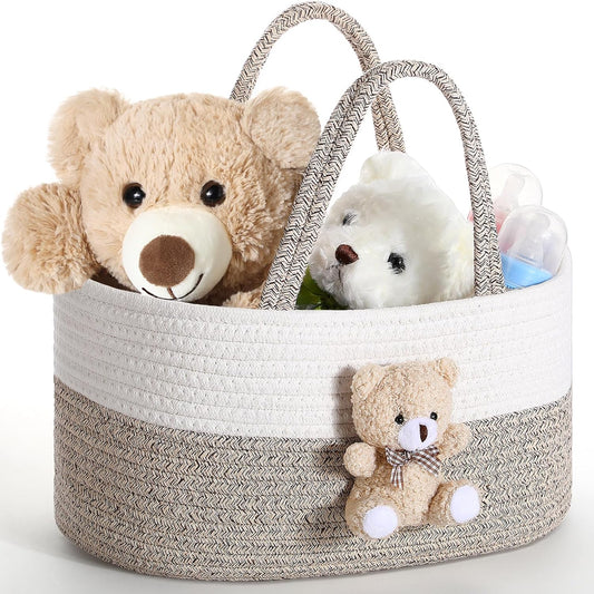 FoldTier Bear Diaper Caddy Organizer Cart Storage for Nursery with Handle, Bear Baby Shower Basket Gift Bath Caddy for Diapers and Baby Wipes, Basket for Nursery(Gray White)