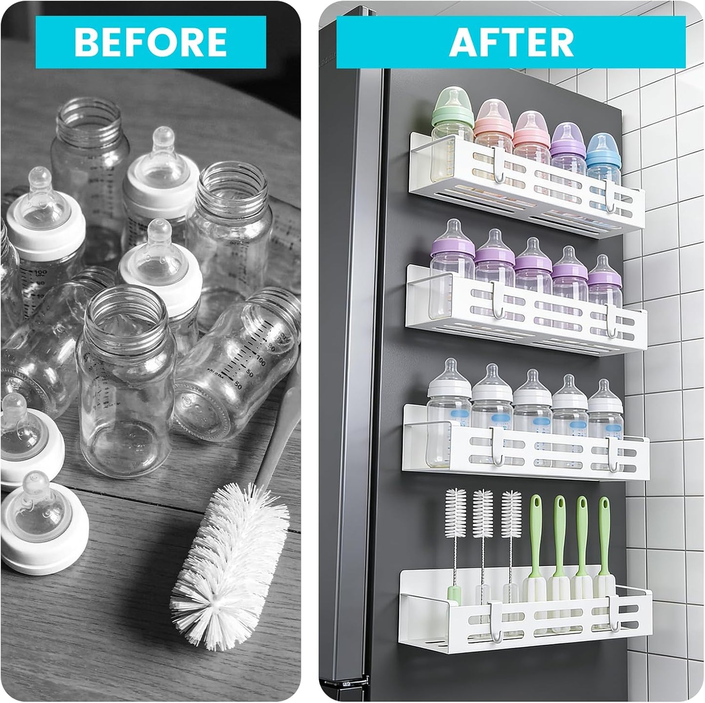 4 Pack Magnetic Baby Bottle Organizer for Refrigerator, Bottle Organizer Rack with 8 Hooks, Storage for Baby Bottles, Pacifiers, and Brushes, Also Suitable Stanley Cup Storage
