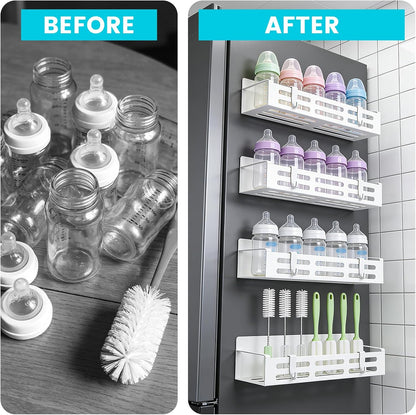 4 Pack Magnetic Baby Bottle Organizer for Refrigerator, Bottle Organizer Rack with 8 Hooks, Storage for Baby Bottles, Pacifiers, and Brushes, Also Suitable Stanley Cup Storage