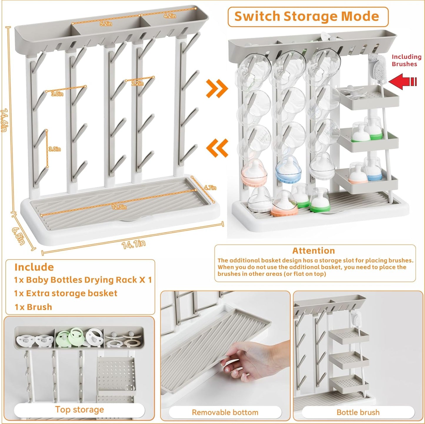 Yieach Larger Baby Bottles Drying Rack for 20 Bottles,Space Saving Feeding Drying Rack for Baby Bottles for Countertop,Vertical Baby Bottle Holder & Storage Station for Pacifiers,Breast Pump,Grey