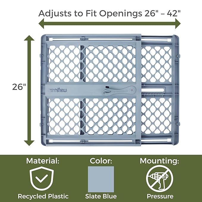 Toddleroo by North States - Renew 100% Recycled Plastic Baby Gate for Doorway; Sturdy for Indoor & Outdoor Use: Pressure Mounted, No Drill Gate; Made in USA; 26" to 42" Wide, 26" Tall Slate Blue