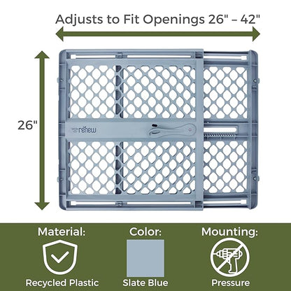 Toddleroo by North States - Renew 100% Recycled Plastic Baby Gate for Doorway; Sturdy for Indoor & Outdoor Use: Pressure Mounted, No Drill Gate; Made in USA; 26" to 42" Wide, 26" Tall Slate Blue