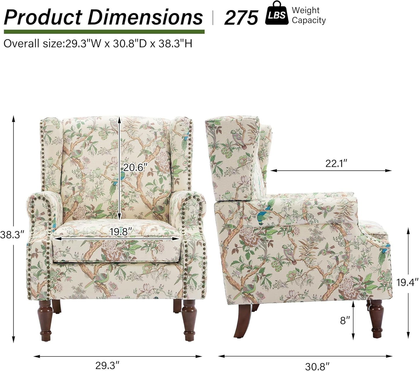 Swivel Rocker Recliner Chair, Manual Nursery Glider Recliner, Floral Fabric Wingback Accent Chair with Adjustable Backrest & Footrest for Small Spaces Living Room Bedroom (Plants Floral, Set of 1)