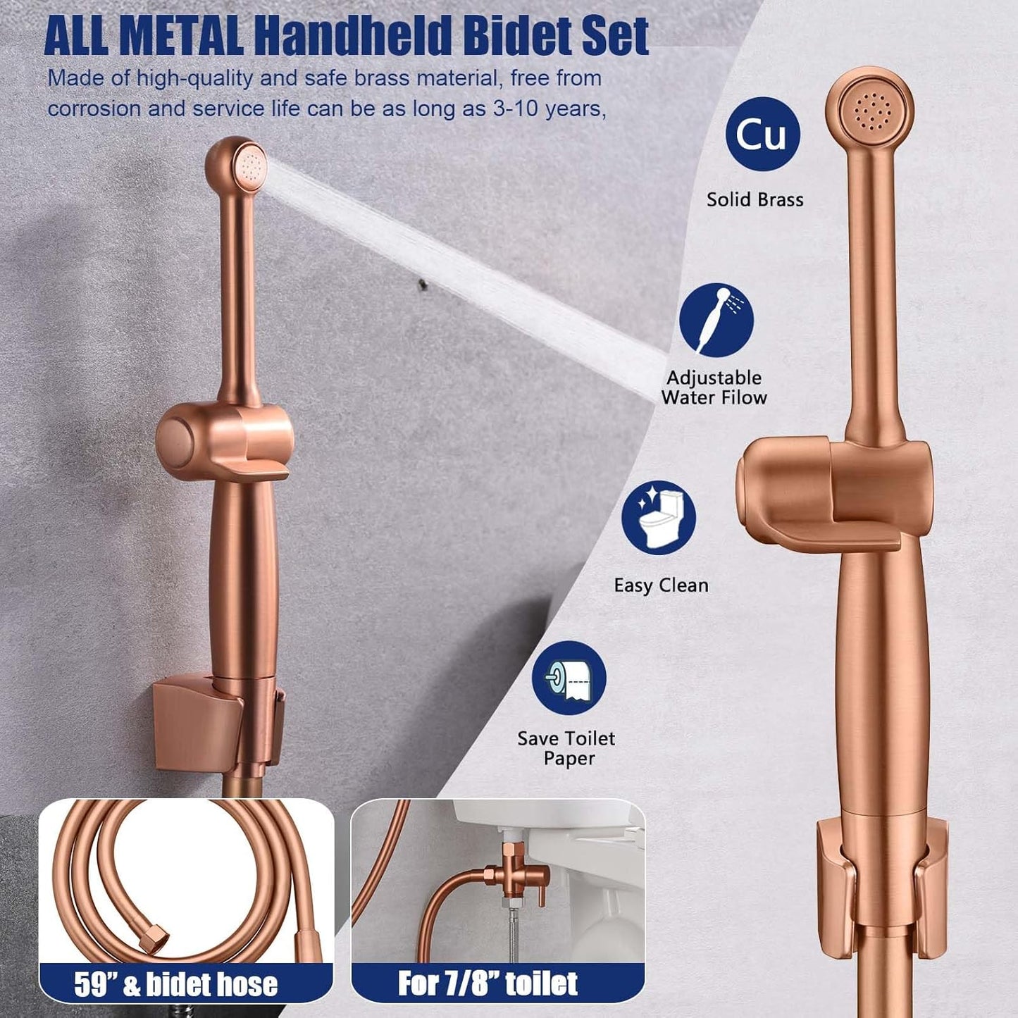 SonTiy Handheld Bidet Toilet Sprayer Kit, Rose Gold Hand Held Bidet Attachment Metal Cloth Diaper Toilet Sprayer with Backflow Preventer, Adjustable Water Jet Spray for Toilet, 7.9" Long Bidet Wand