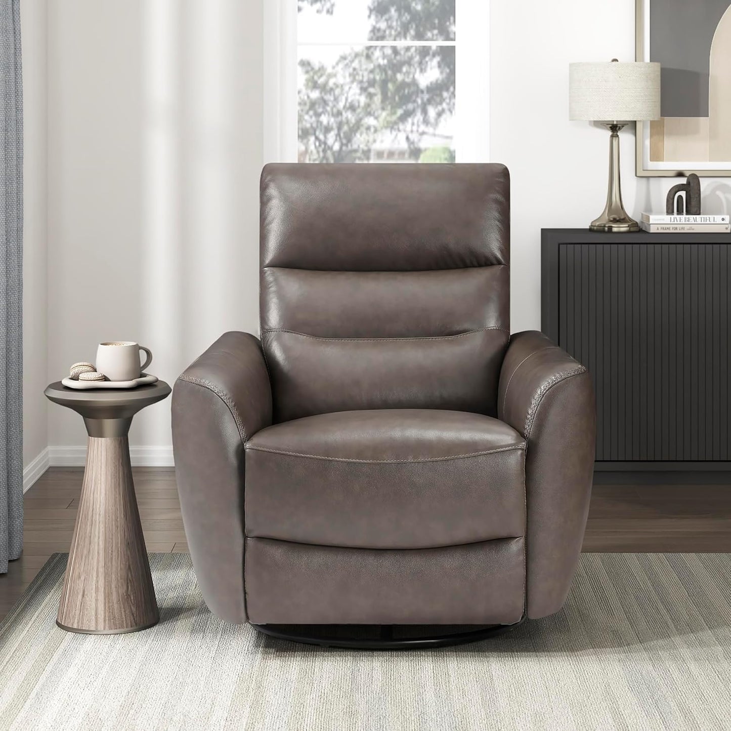 Lexicon 360 Degree Swivel Glider Reclining Chair, Manual Tab Pull Recliner, Leather Match Swivel Glider Recliner with Plush Foam, Sturdy Frame for Living Room/Office/Bedroom, Taupe