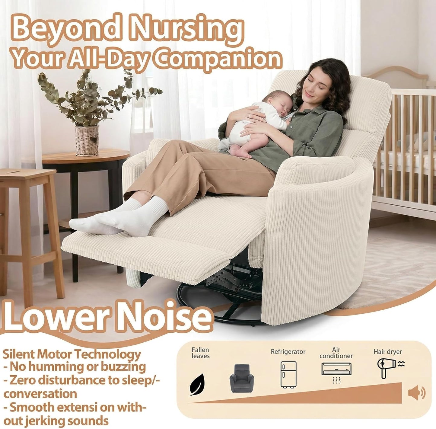 Oversized Swivel Rocking Chair, Manual Large Rocker Recliner Chairs for Adults, Corduroy Nursery Glider Barrel Chair with 2 Pillows, Wide Recliner for Living Room, Bedroom, Nursery, White