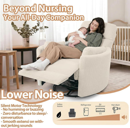 Oversized Swivel Rocking Chair, Manual Large Rocker Recliner Chairs for Adults, Corduroy Nursery Glider Barrel Chair with 2 Pillows, Wide Recliner for Living Room, Bedroom, Nursery, White