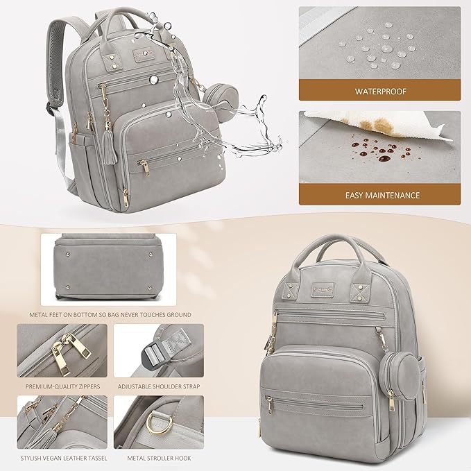 ROSEGIN Premium Vegan Leather Diaper Bag Backpack with Waterproof Changing Pad, Reinforced Zippers & Odor-Free, 20 Pockets Pro Organizer, Fits 15.6" Laptop, Stroller Straps, Baby Bag for Mom, Grey