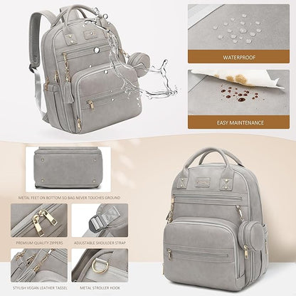ROSEGIN Premium Vegan Leather Diaper Bag Backpack with Waterproof Changing Pad, Reinforced Zippers & Odor-Free, 20 Pockets Pro Organizer, Fits 15.6" Laptop, Stroller Straps, Baby Bag for Mom, Grey