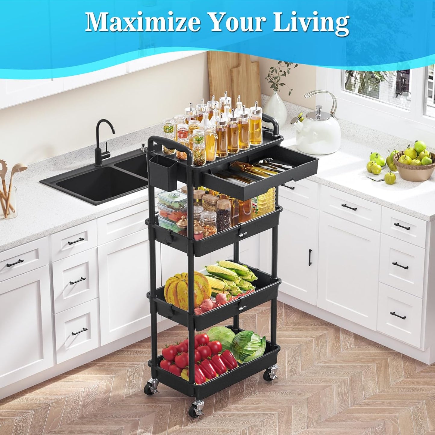 SUNALLY 3 Tier Rolling Cart with Drawer, Bathroom Storage Organizer with 2 Lockable Wheels, Multifunctional Rolling Storage Cart for Bathroom, Kitchen, Office, Craft, Makeup, Baby Essentials, White