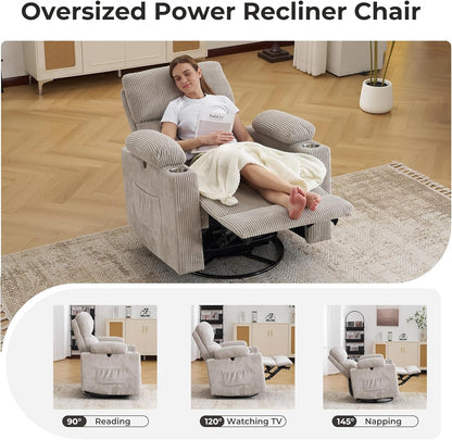 Rocking Chair Nursery with Adjustable Armrests, Electric Glider Recliner Nursing Chair for Breastfeeding, Power Swivel Recliner Chairs with Massage and Heat, Adjustable Headrest , FSC Certified, White